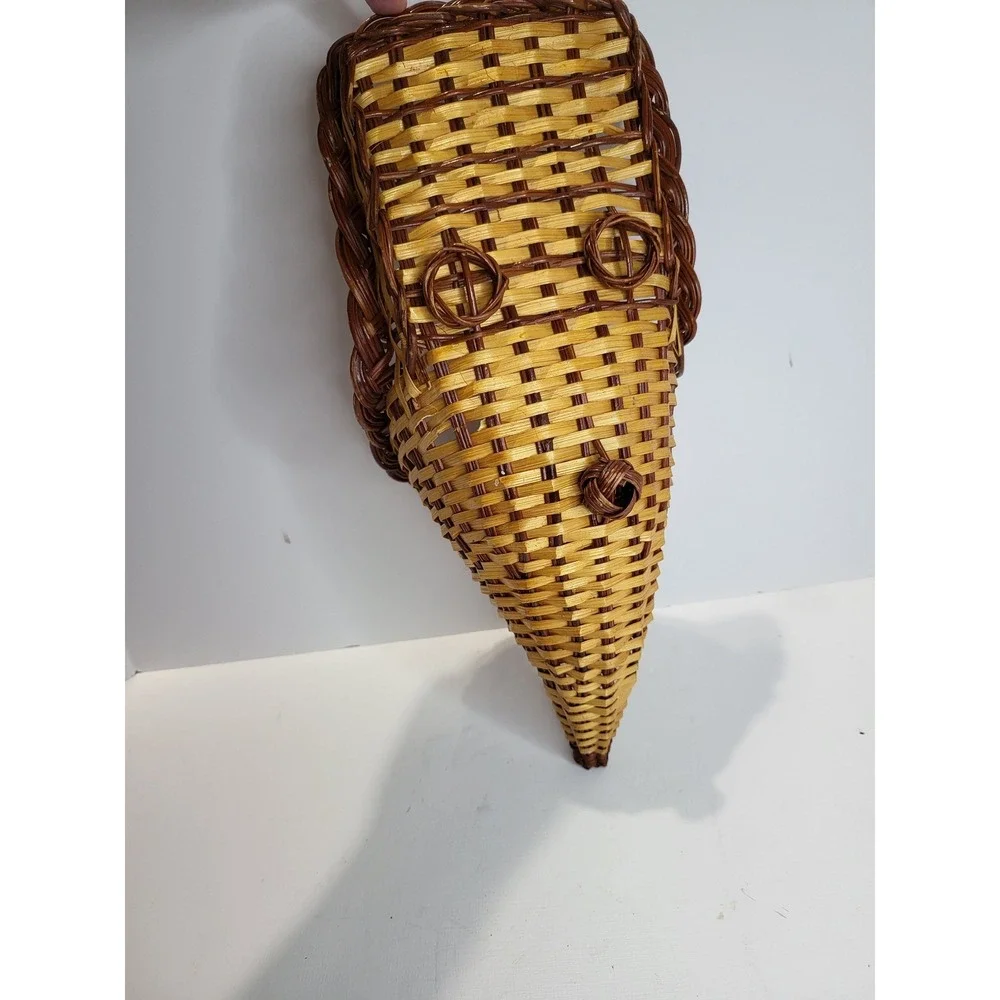 Vintage Woven Wicker Wall Pocket Basket Cornucopia Horn of Plenty Two Tone Brown
